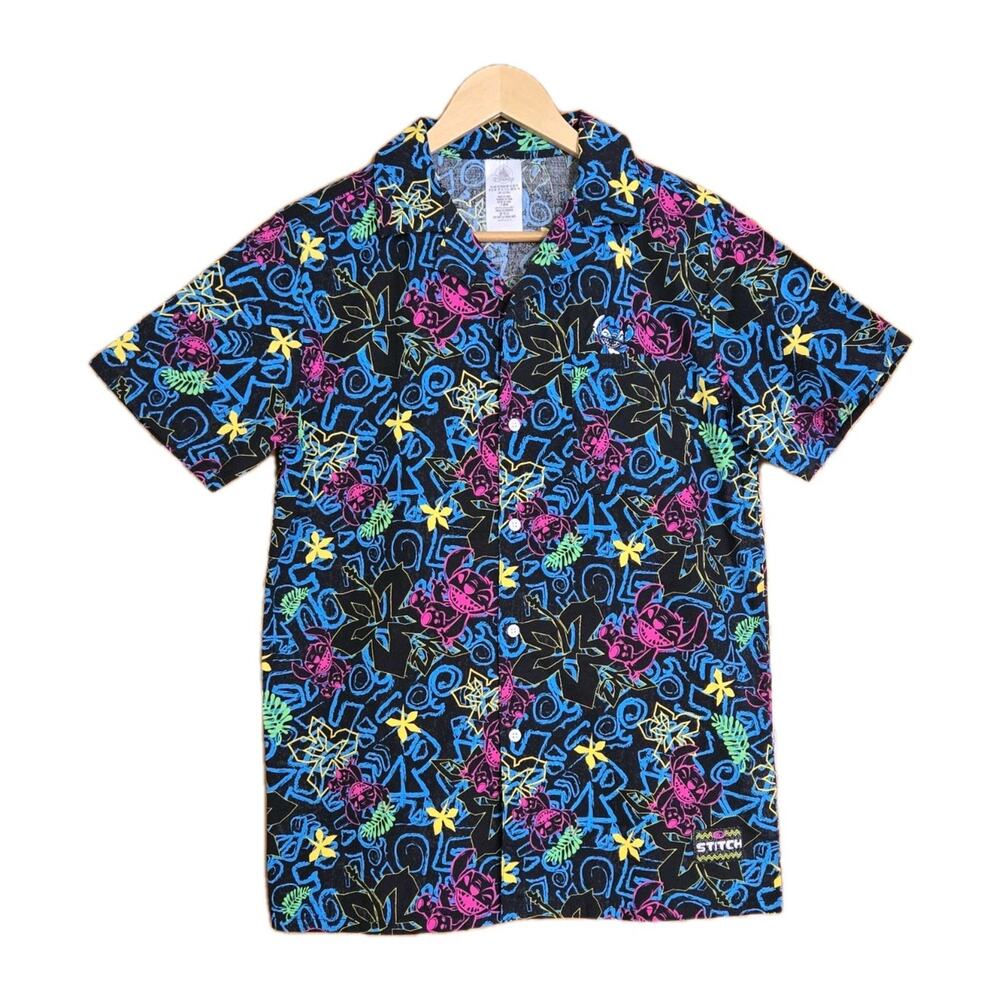 Disney's Stitch Button Up Short Sleeve Men's XS Shirt‎ Hawaiian Palm Neon